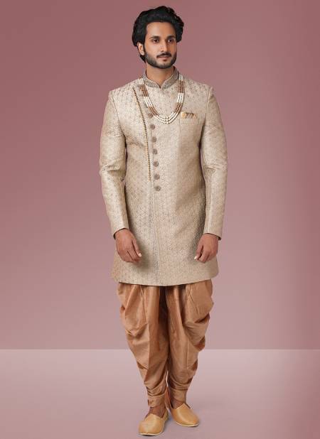 Golden Heavy Wedding Wear Jacquard Banarasi Latest Indo Western Mens Collection 1107